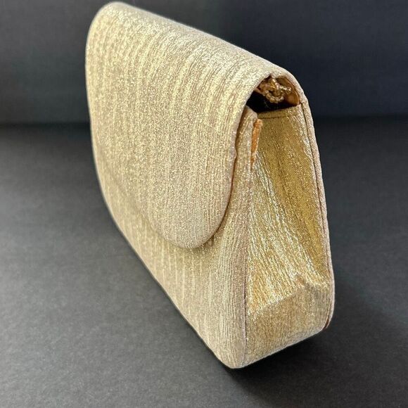 Vtg Gold Metallic Clutch Purse Handbag w/Beaded Shoulder Strap Option - Picture 3 of 12